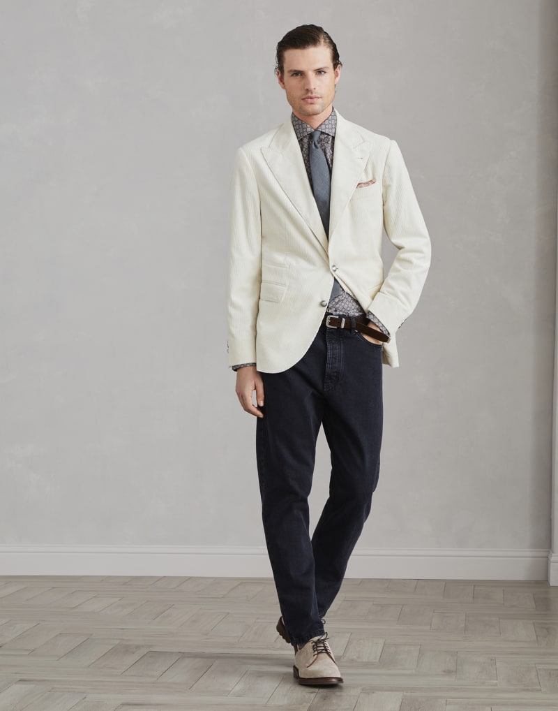 BRUNELLO CUCINELLI MEN'S LEAD AND CREAM PATTERNED COTTON SHIRT