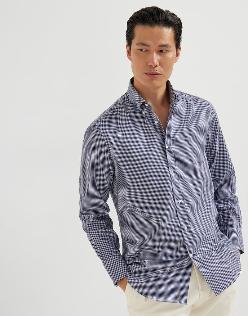 BRUNELLO CUCINELLI MEN'S BLUE COTTON CHECK BUTTON DOWN SHIRT