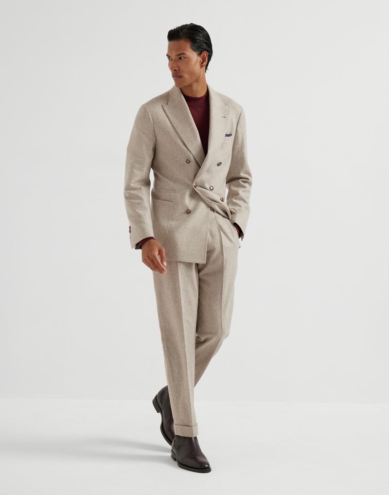 BRUNELLO CUCINELLI MEN'S BEIGE DOUBLE BREASTED WOOL SUIT