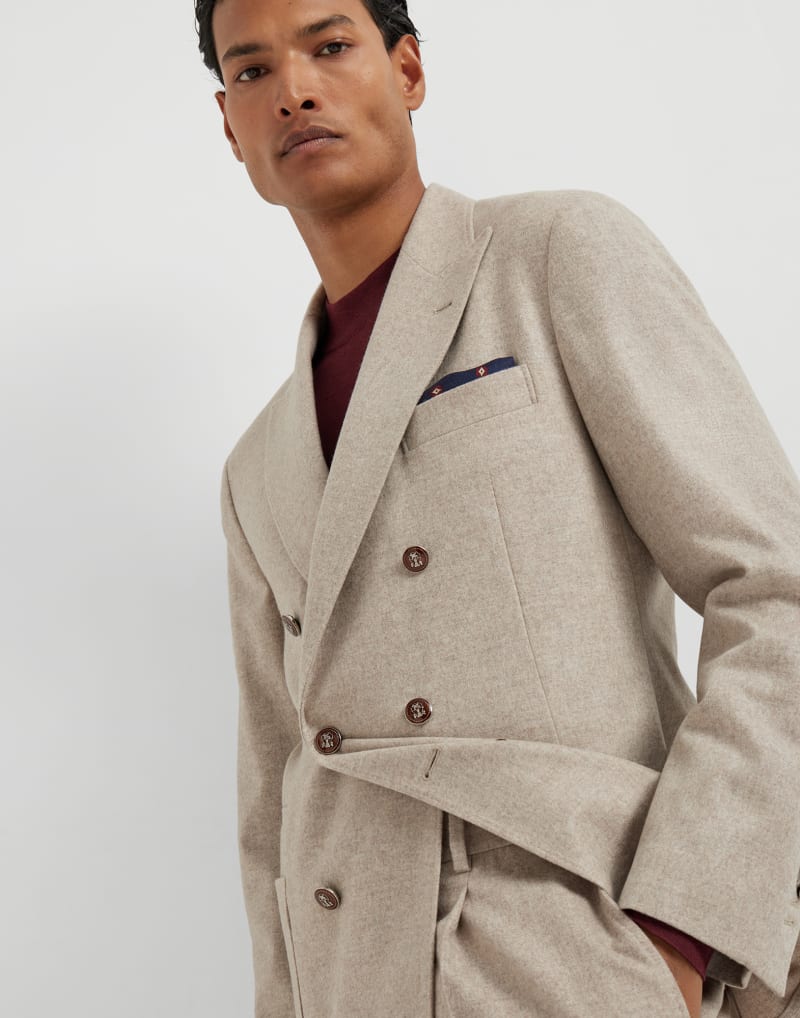 BRUNELLO CUCINELLI MEN'S BEIGE DOUBLE BREASTED WOOL SUIT