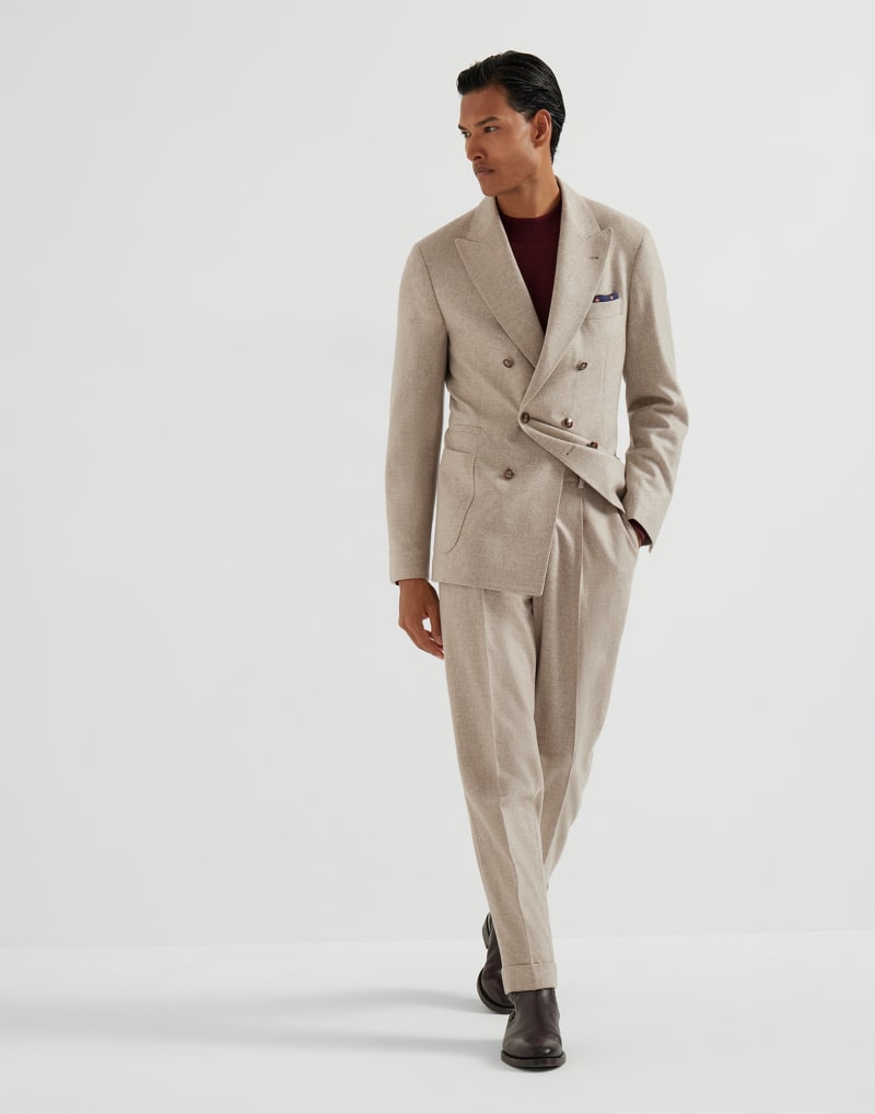 BRUNELLO CUCINELLI MEN'S BEIGE DOUBLE BREASTED WOOL SUIT