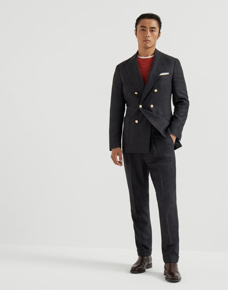 BRUNELLO CUCINELLI MEN'S ANTHRACITE WOOL DOUBLE BREASTED CHECKED SUIT