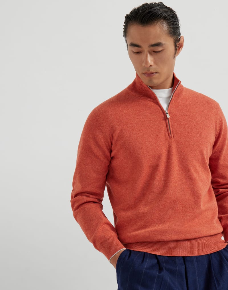 BRUNELLO CUCINELLI MEN'S PUMPKIN WOOL HALF ZIP SWEATER