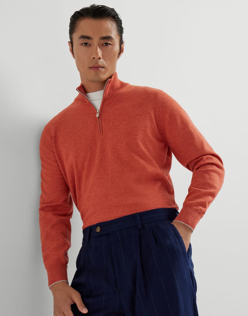 BRUNELLO CUCINELLI MEN'S PUMPKIN WOOL HALF ZIP SWEATER