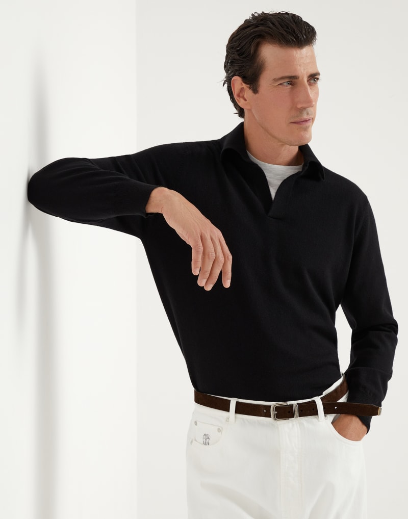 BRUNELLO CUCINELLI MEN'S BLACK WOOL POLO COLLAR SWEATER