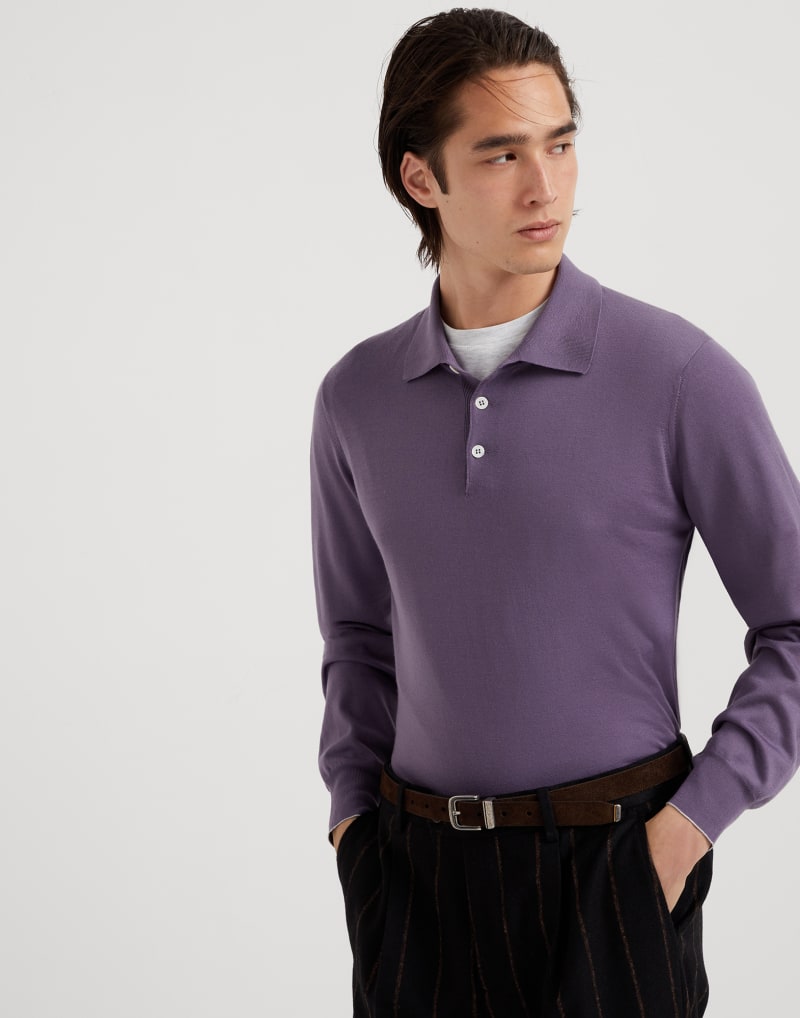 BRUNELLO CUCINELLI MEN'S IRIS WOOL SILK LONG SLEEVE POLO SWEATER
