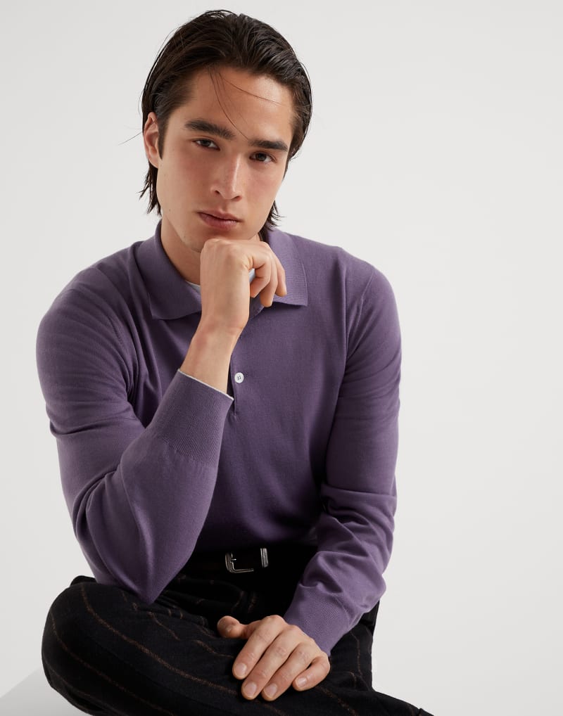 BRUNELLO CUCINELLI MEN'S IRIS WOOL SILK LONG SLEEVE POLO SWEATER