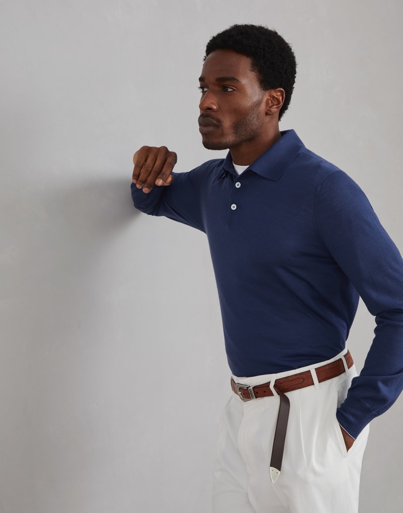 BRUNELLO CUCINELLI MEN'S ASTRAL WOOL SILK POLO COLLAR SWEATER