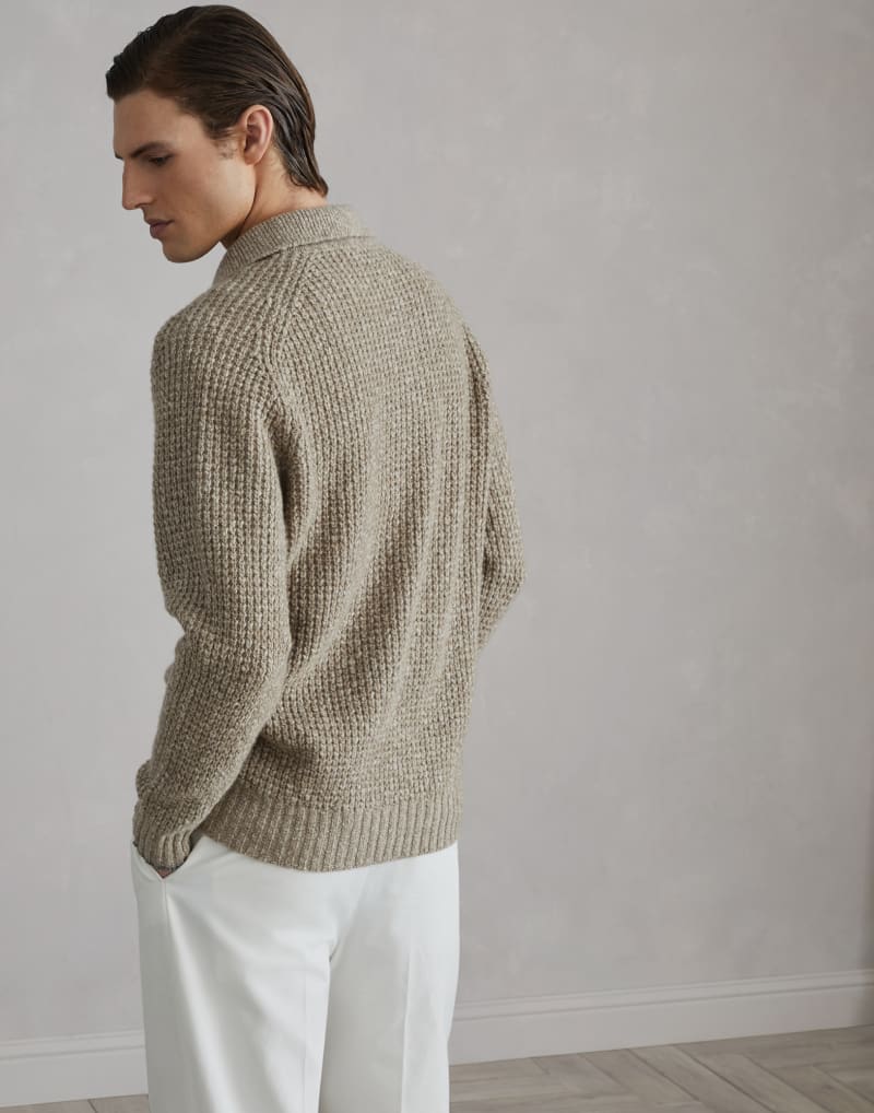 BRUNELLO CUCINELLI MEN'S BEIGE DARK GREY WOOL LINEN KNIT SWEATER