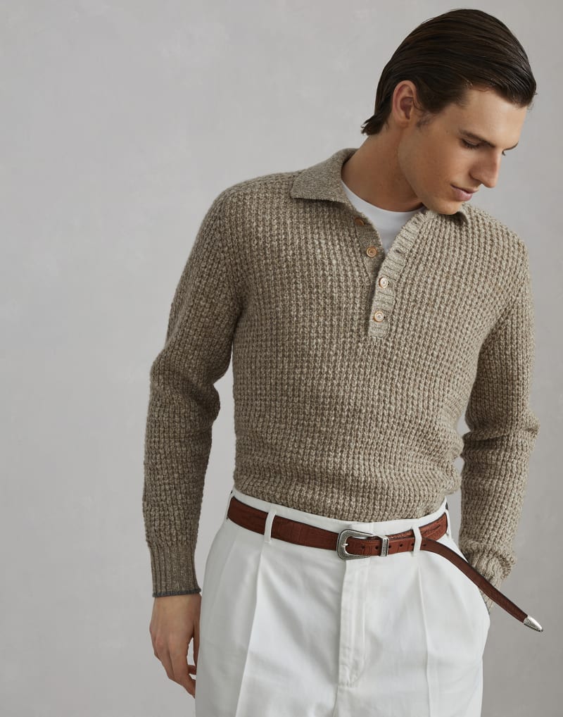 BRUNELLO CUCINELLI MEN'S BEIGE DARK GREY WOOL LINEN KNIT SWEATER
