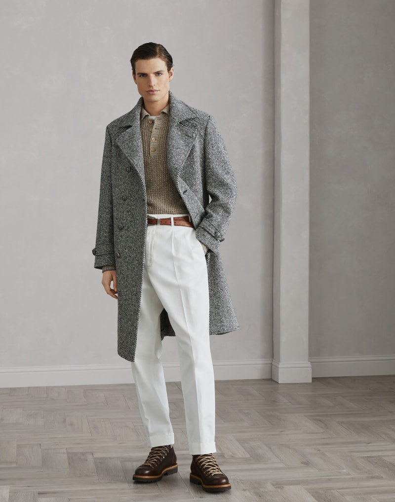 BRUNELLO CUCINELLI MEN'S BEIGE DARK GREY WOOL LINEN KNIT SWEATER