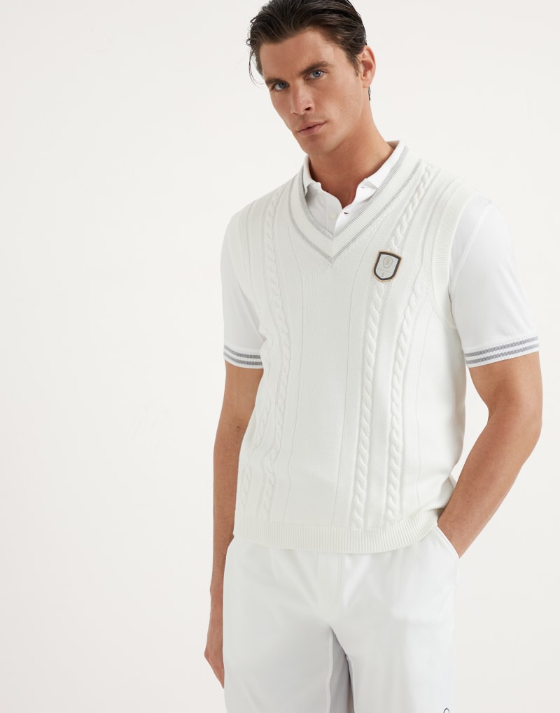 BRUNELLO CUCINELLI MEN'S OFF WHITE CABLE KNIT SLEEVELESS SWEATER