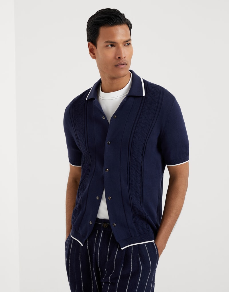 BRUNELLO CUCINELLI MEN'S NAVY COTTON SHORT SLEEVE BUTTON SWEATER