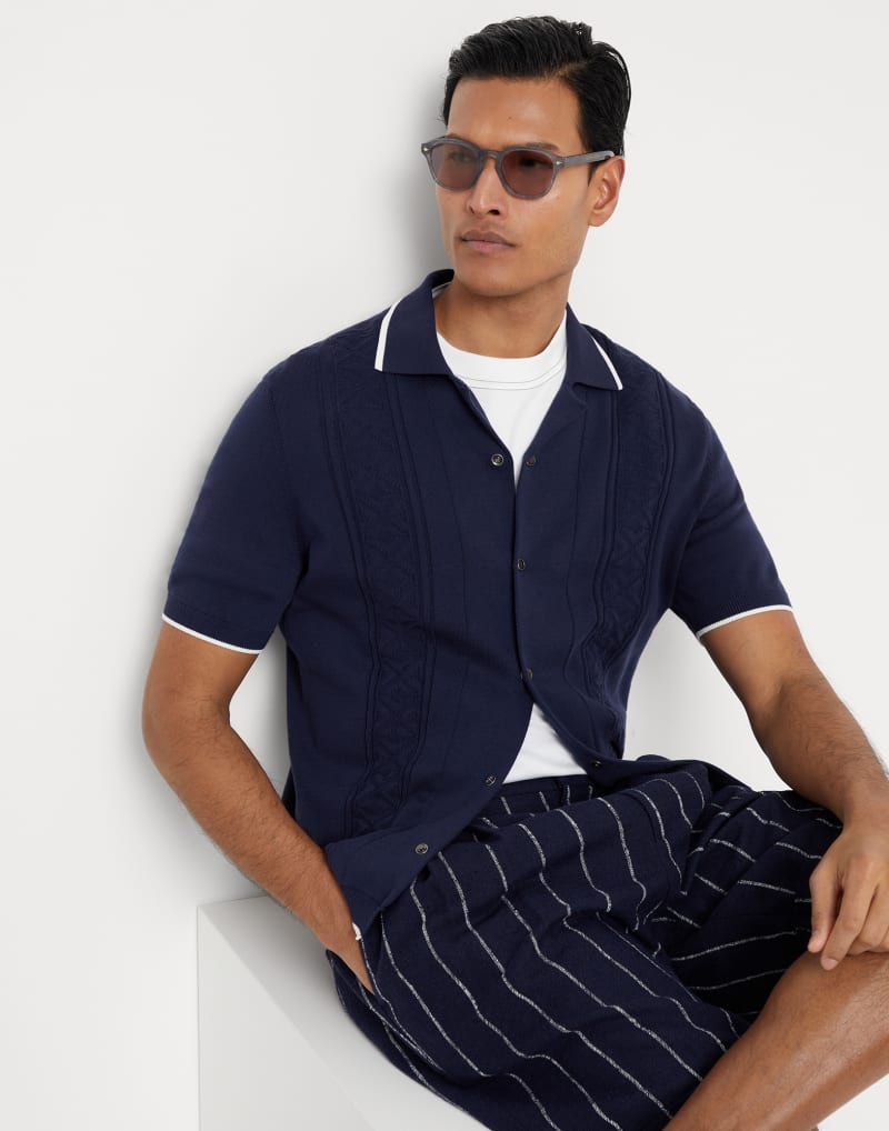 BRUNELLO CUCINELLI MEN'S NAVY COTTON SHORT SLEEVE BUTTON SWEATER