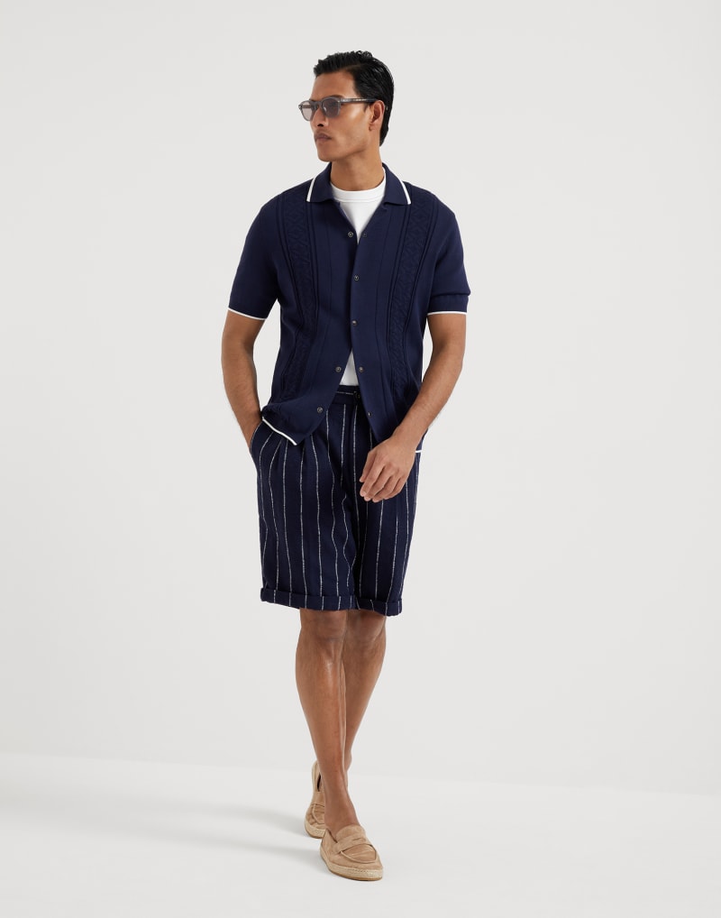 BRUNELLO CUCINELLI MEN'S NAVY COTTON SHORT SLEEVE BUTTON SWEATER