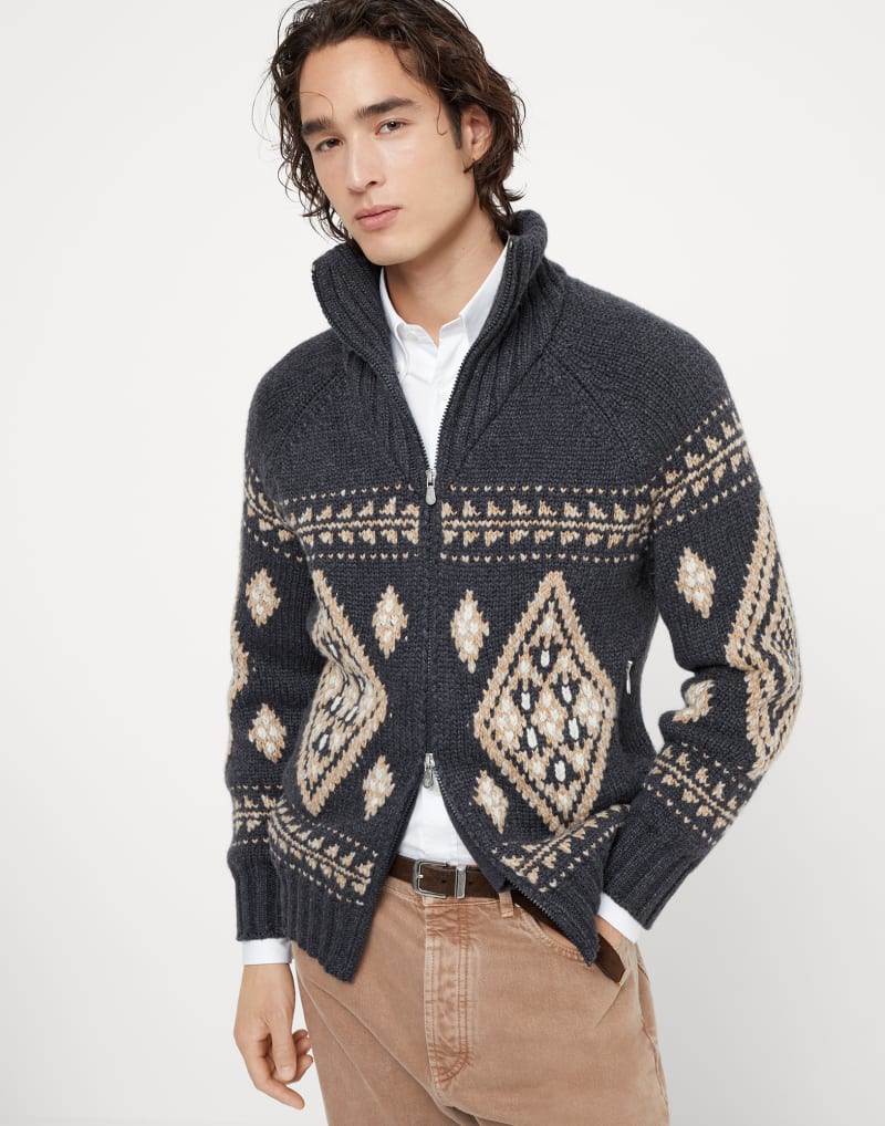 BRUNELLO CUCINELLI MEN'S BLACK STONE CAMEL WOOL ZIP FRONT PATTERNED SWEATER