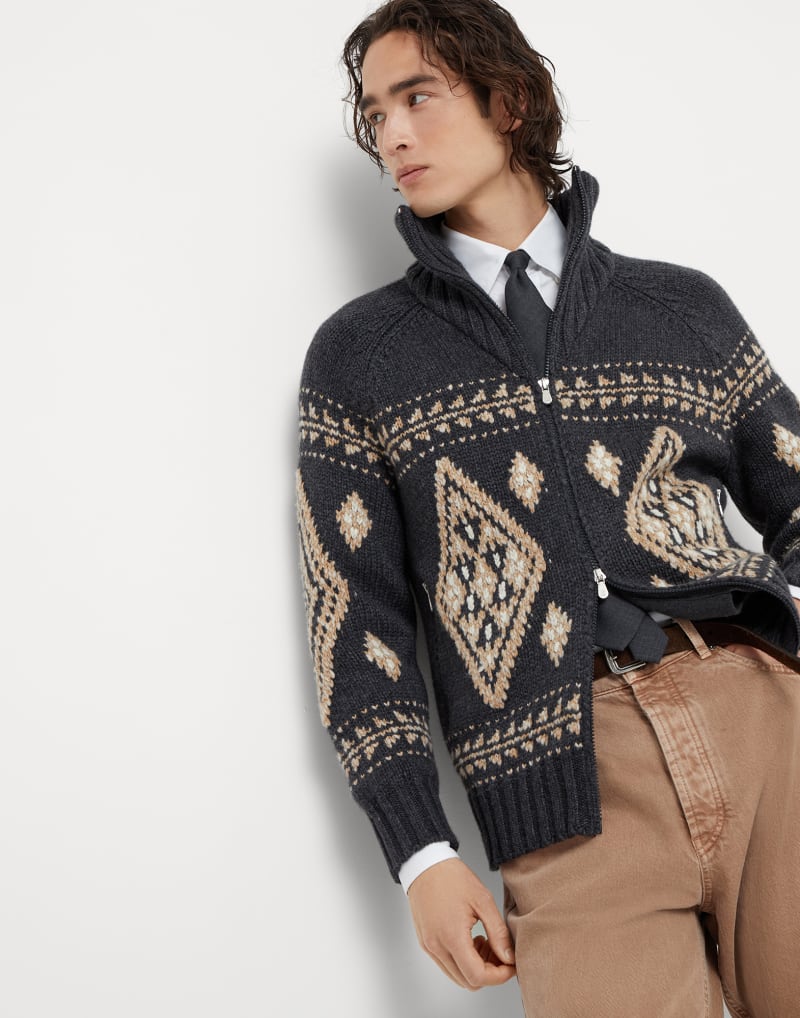 BRUNELLO CUCINELLI MEN'S BLACK STONE CAMEL WOOL ZIP FRONT PATTERNED SWEATER