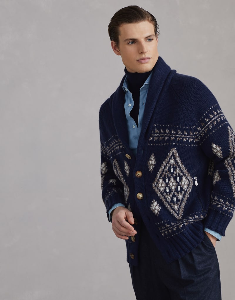BRUNELLO CUCINELLI MEN'S INDIGO WOOL SHAWL COLLAR PATTERNED SWEATER