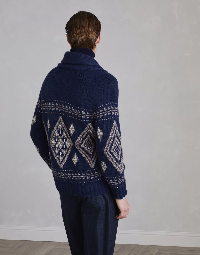 BRUNELLO CUCINELLI MEN'S INDIGO WOOL SHAWL COLLAR PATTERNED SWEATER
