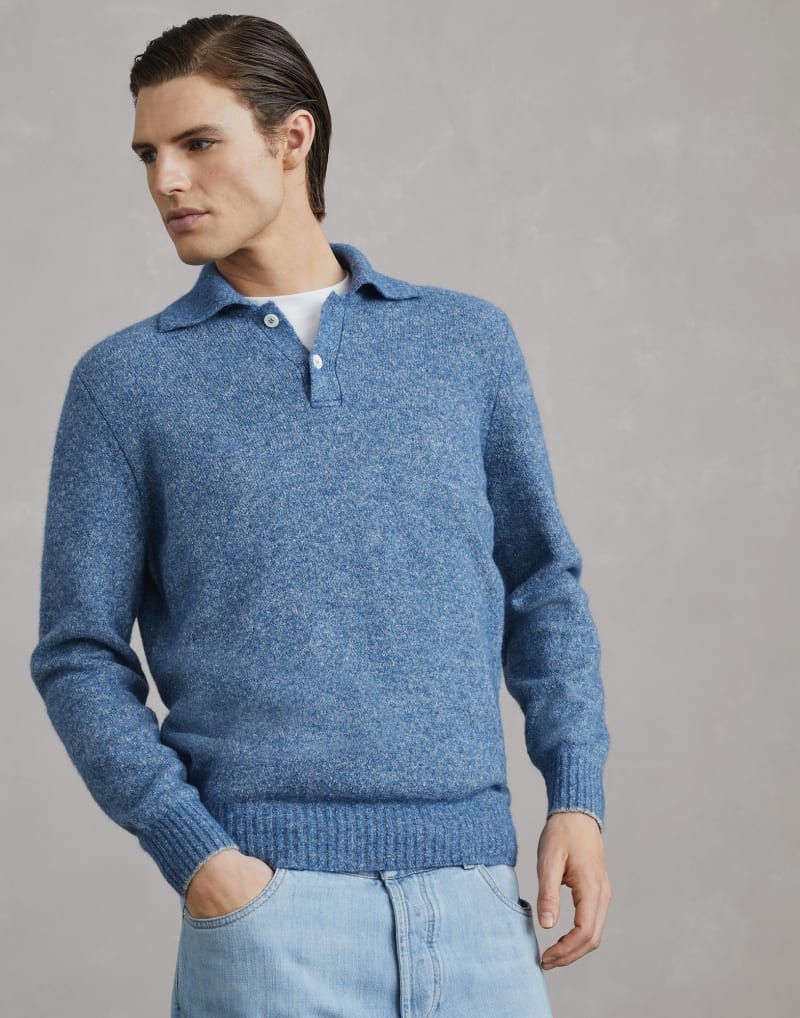 BRUNELLO CUCINELLI MEN'S BLUE WOOL BLEND POLO COLLAR SWEATER