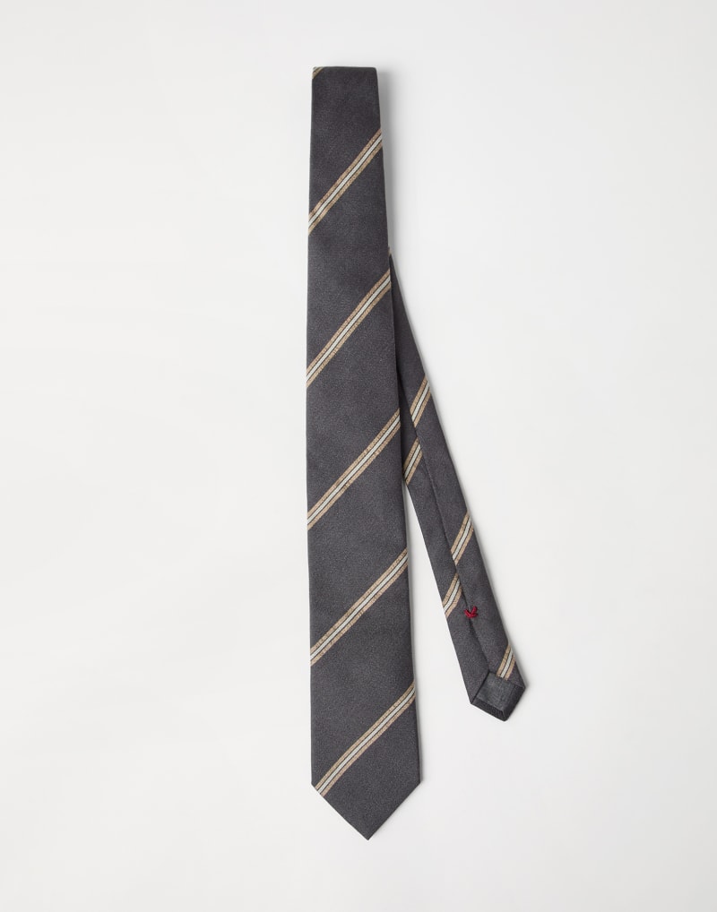 BRUNELLO CUCINELLI MEN'S ANTHRACITE CAMEL AND PEARL STRIPED SILK TIE