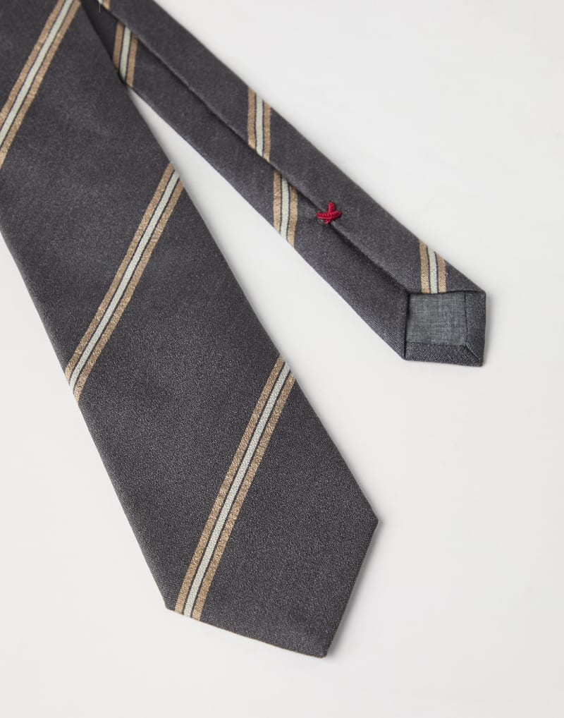 BRUNELLO CUCINELLI MEN'S ANTHRACITE CAMEL AND PEARL STRIPED SILK TIE