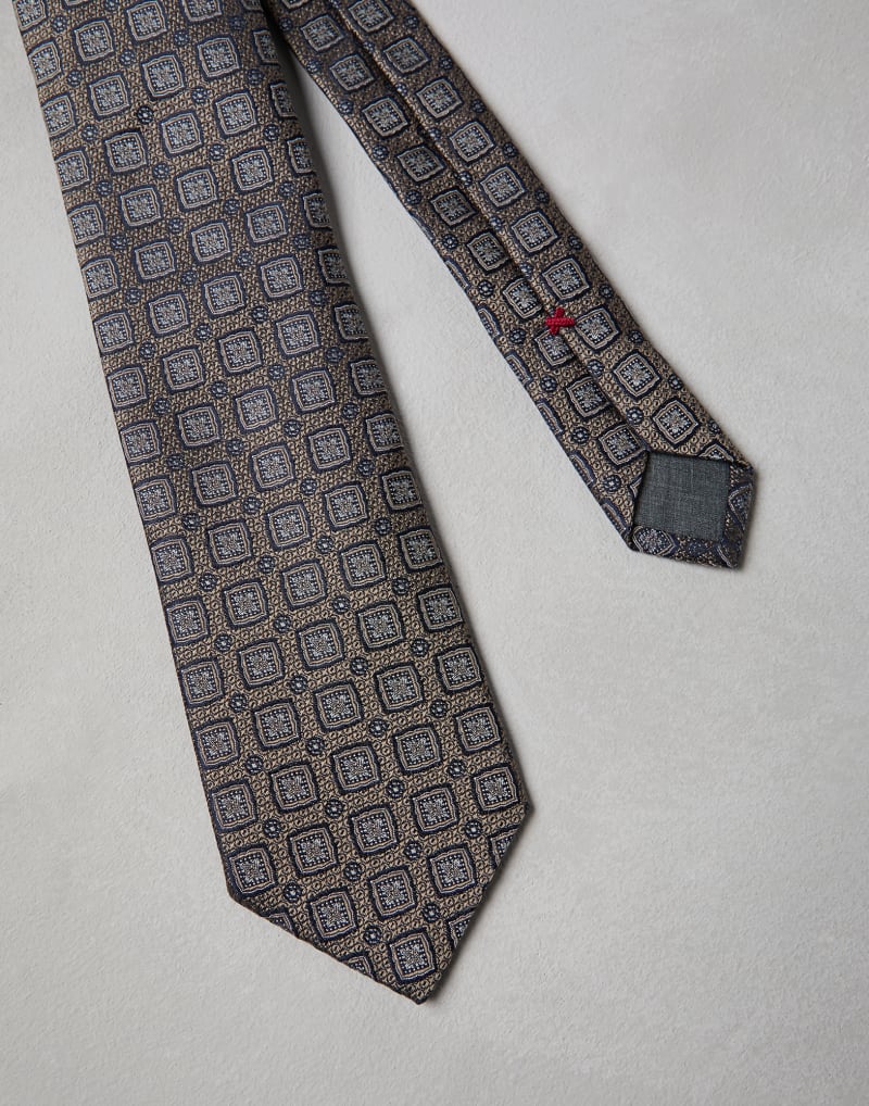 BRUNELLO CUCINELLI MEN'S BROWN LIGHT GREY SILK PATTERNED TIE