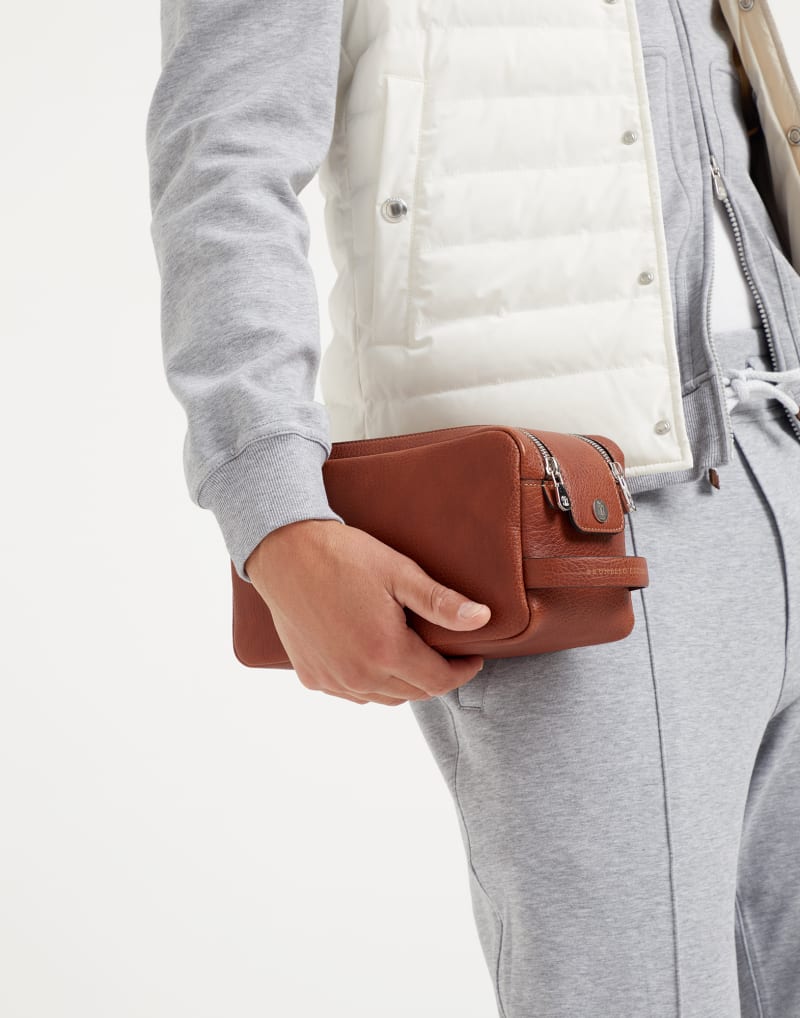 BRUNELLO CUCINELLI MEN'S COPPER LEATHER ZIP BAG