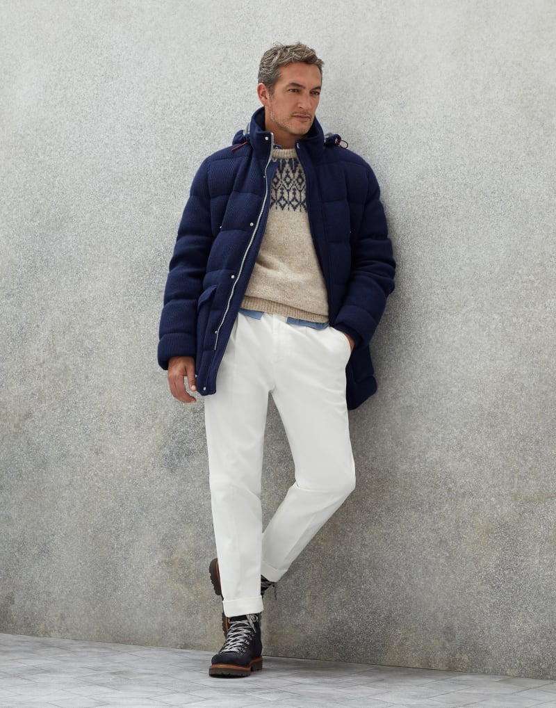 BRUNELLO CUCINELLI MEN'S DARK BLUE WOOL PADDED HOODED JACKET