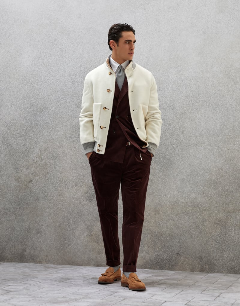 BRUNELLO CUCINELLI MEN'S WHITE WOOL BOMBER JACKET