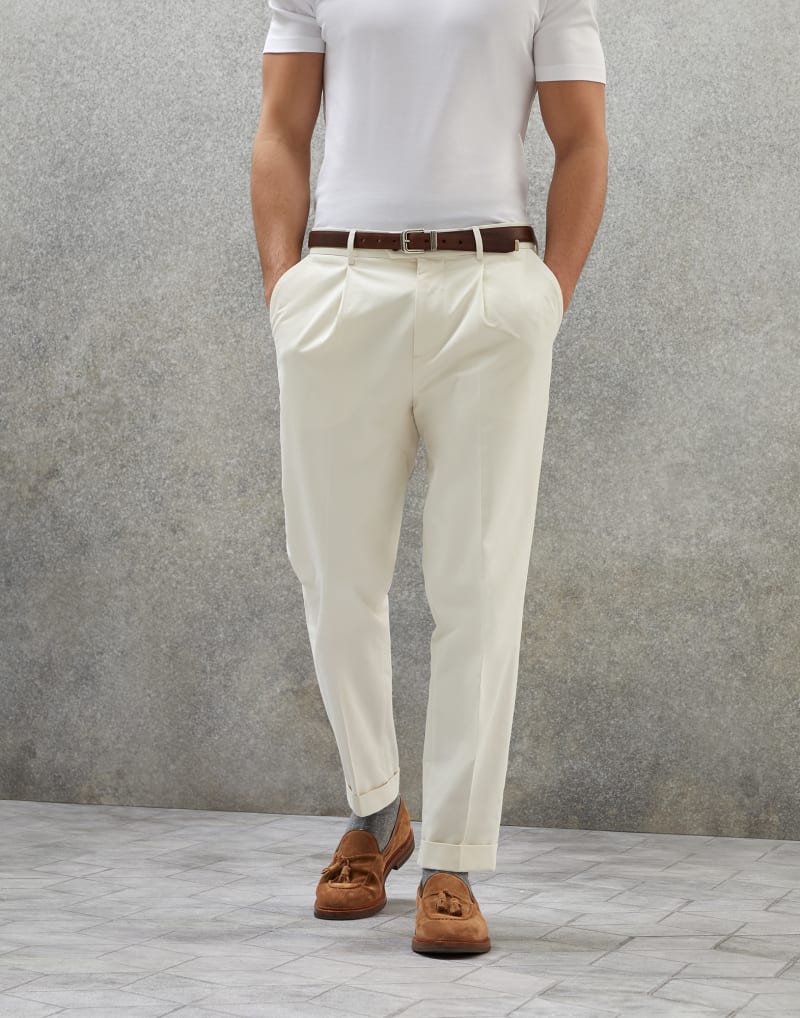 BRUNELLO CUCINELLI MEN'S OFF WHITE COTTON WOOL BLEND TROUSERS