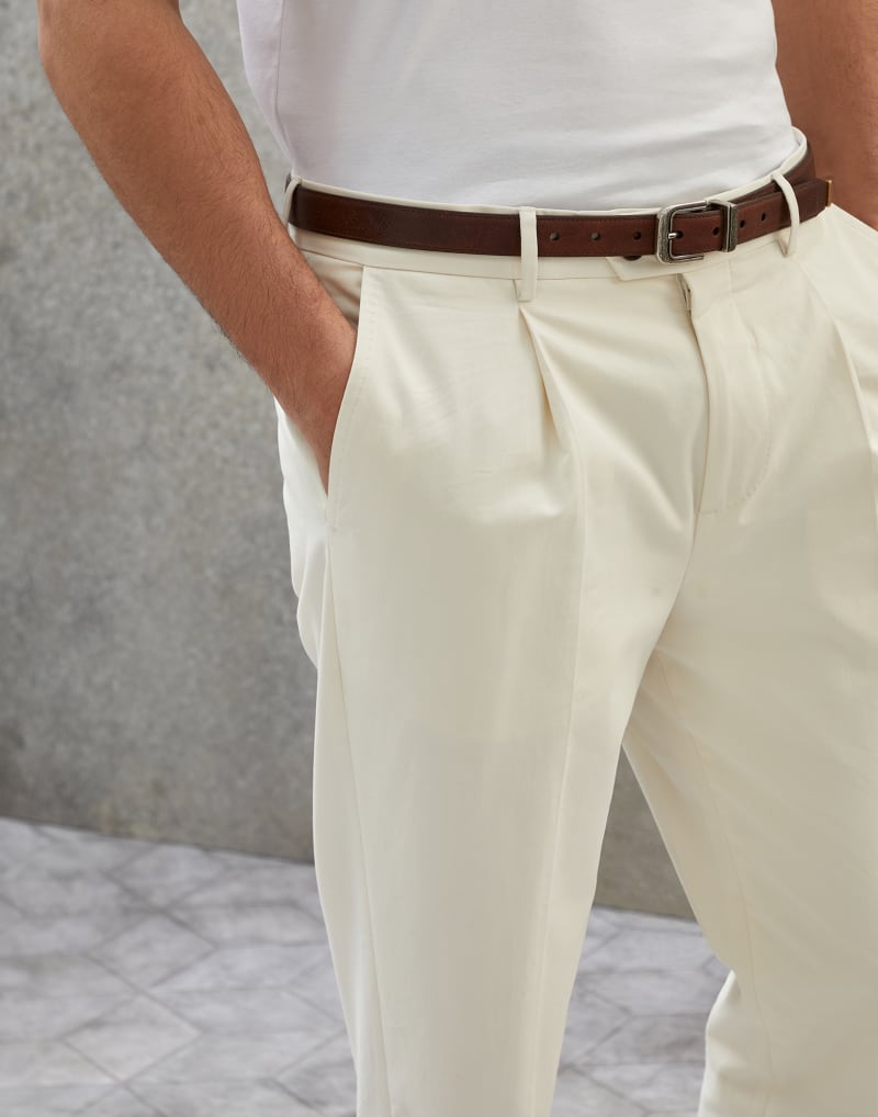 BRUNELLO CUCINELLI MEN'S OFF WHITE COTTON WOOL BLEND TROUSERS