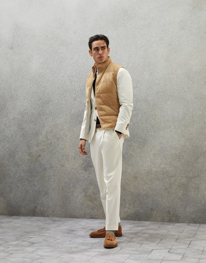 BRUNELLO CUCINELLI MEN'S OFF WHITE COTTON WOOL BLEND TROUSERS