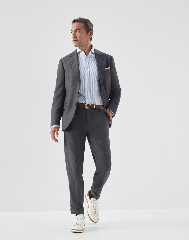 BRUNELLO CUCINELLI MEN'S MEDIUM GREY WOOL TAILORED TROUSERS