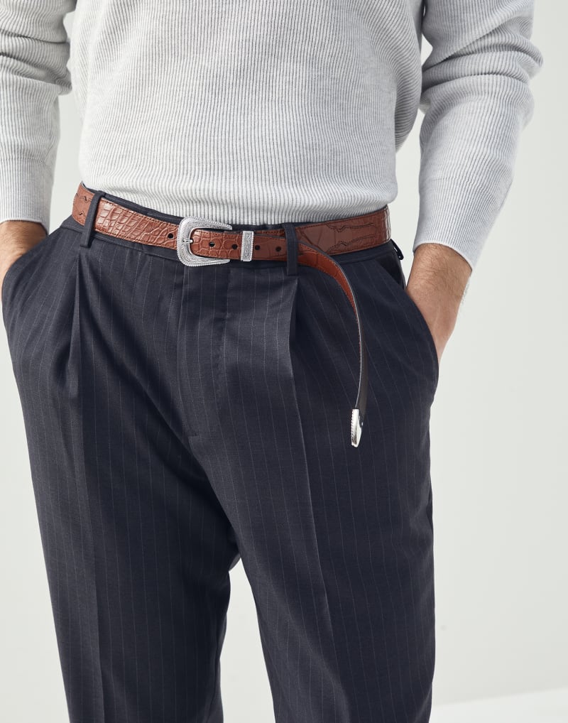 BRUNELLO CUCINELLI MEN'S MEDIUM GREY WOOL PINSTRIPE TROUSERS