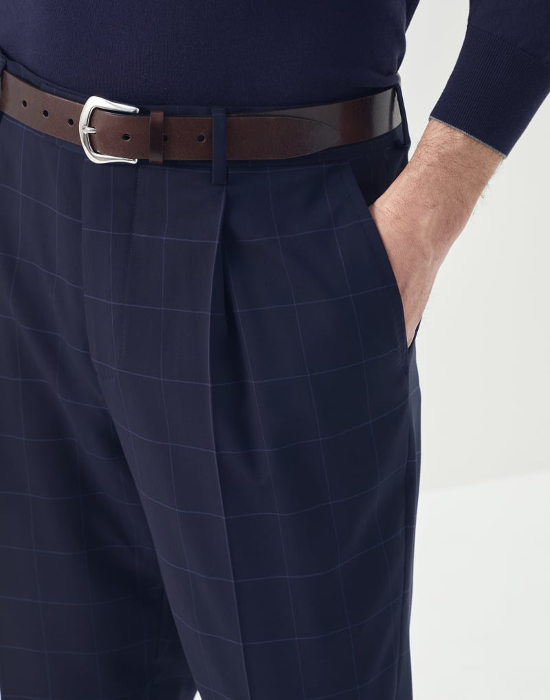BRUNELLO CUCINELLI MEN'S BLUE WOOL CHECKED TROUSERS