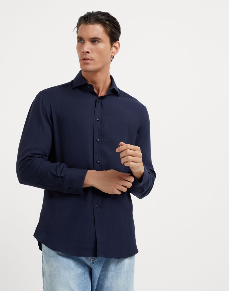 BRUNELLO CUCINELLI MEN'S BLUE COTTON WOOL BLEND SHIRT