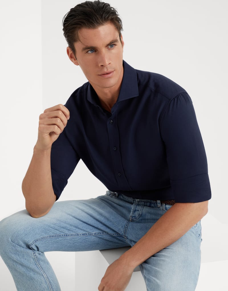 BRUNELLO CUCINELLI MEN'S BLUE COTTON WOOL BLEND SHIRT
