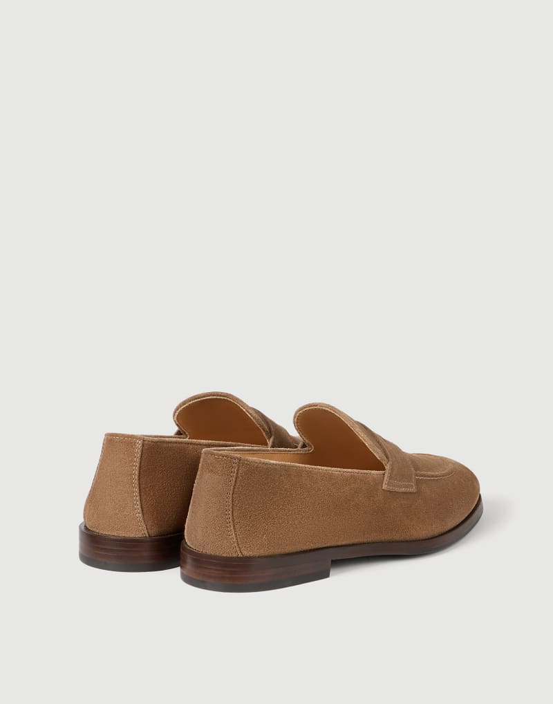 BRUNELLO CUCINELLI MEN'S DARK BEIGE SUEDE PENNY LOAFERS