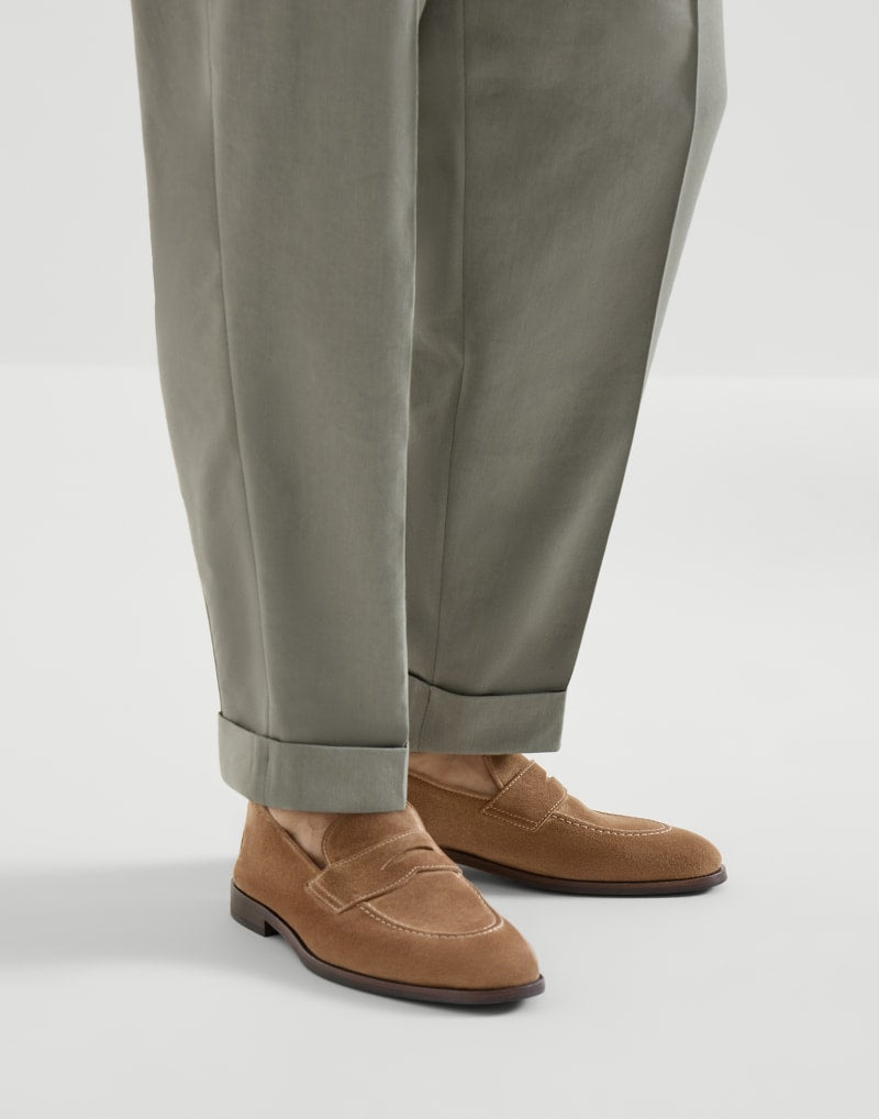 BRUNELLO CUCINELLI MEN'S DARK BEIGE SUEDE PENNY LOAFERS