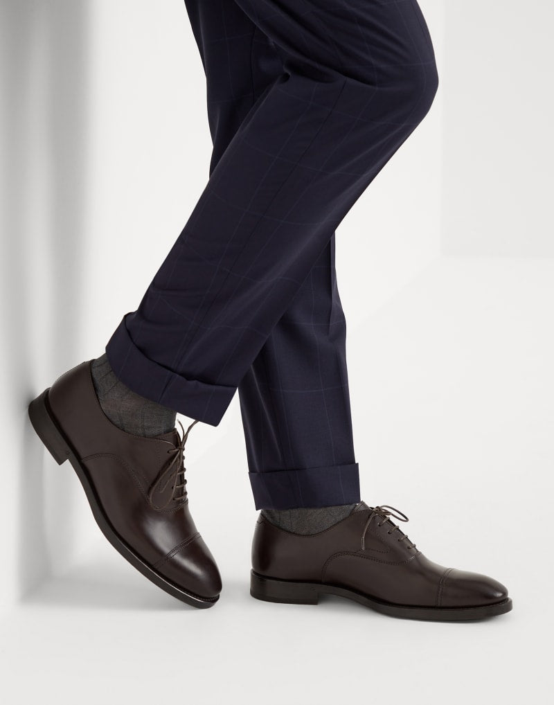 BRUNELLO CUCINELLI MEN'S DARK BROWN LEATHER CAP TOE SHOES
