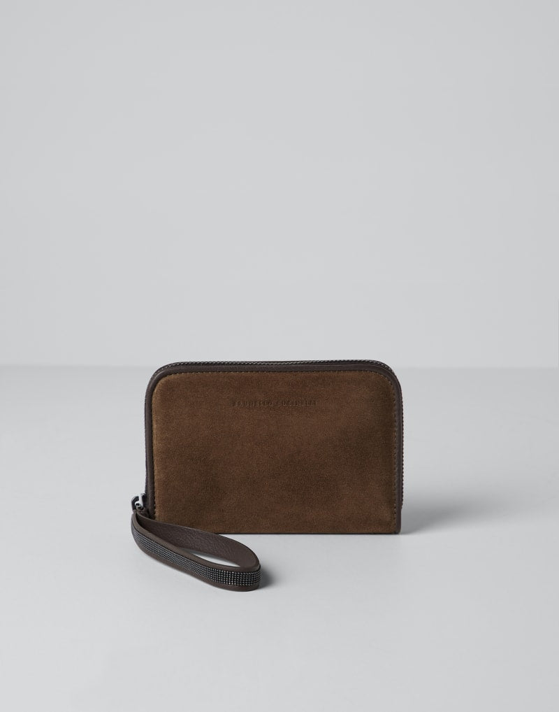 BRUNELLO CUCINELLI WOMEN'S BROWN SUEDE LEATHER ZIP WALLET