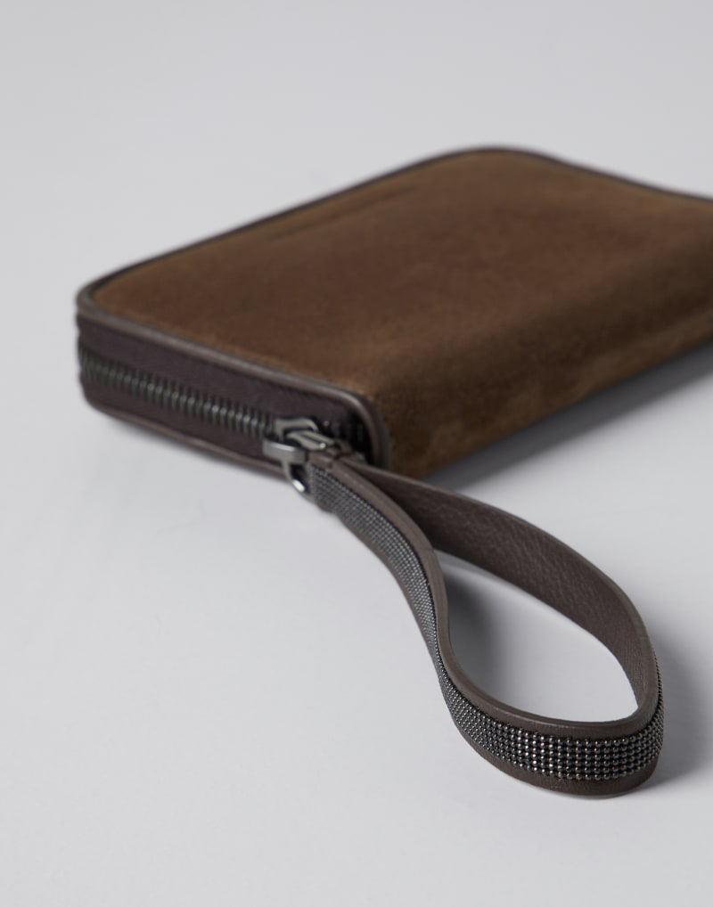 BRUNELLO CUCINELLI WOMEN'S BROWN SUEDE LEATHER ZIP WALLET