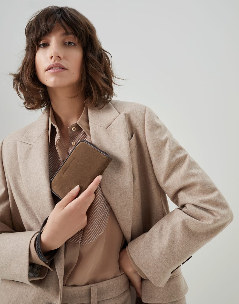 BRUNELLO CUCINELLI WOMEN'S BROWN SUEDE LEATHER ZIP WALLET