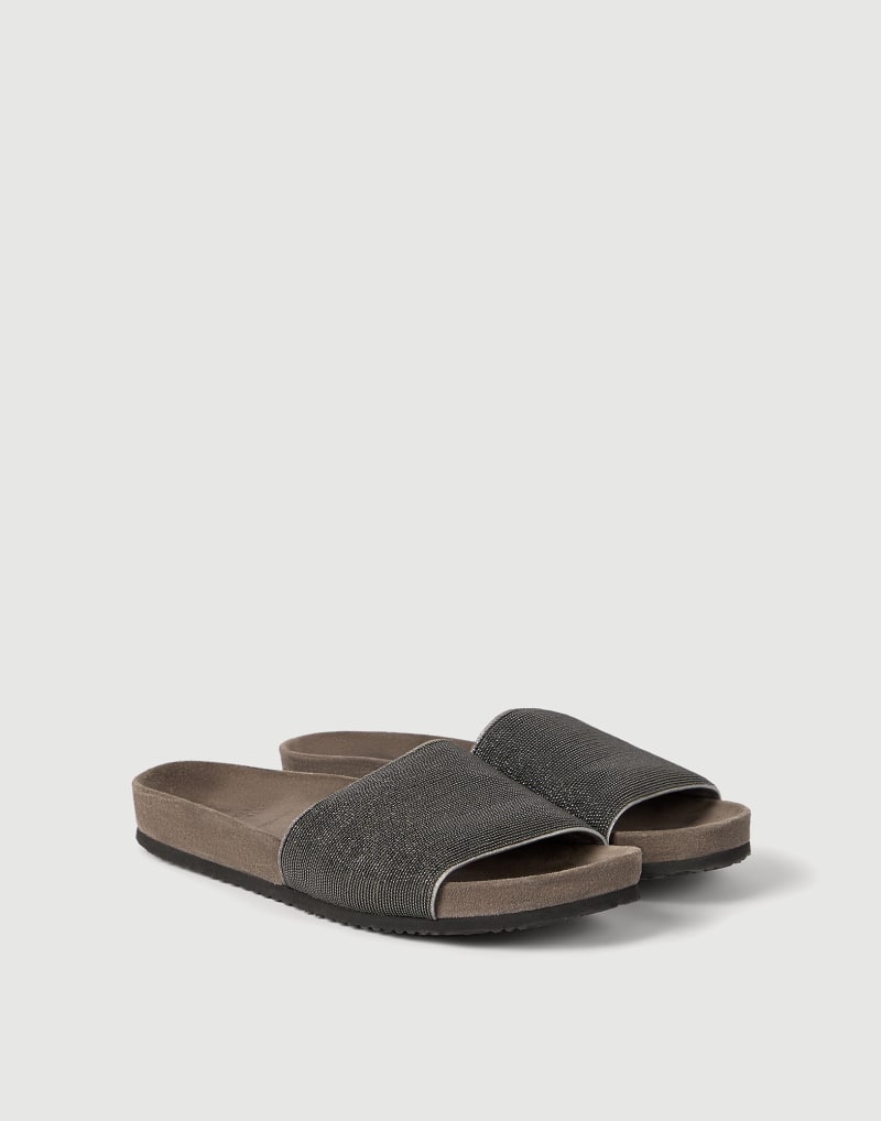 BRUNELLO CUCINELLI WOMEN'S LIGHT GREY LINEN OPEN TOE SLIDES