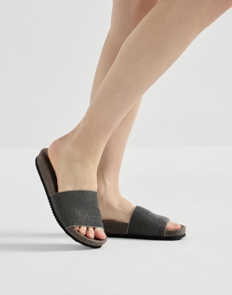 BRUNELLO CUCINELLI WOMEN'S LIGHT GREY LINEN OPEN TOE SLIDES