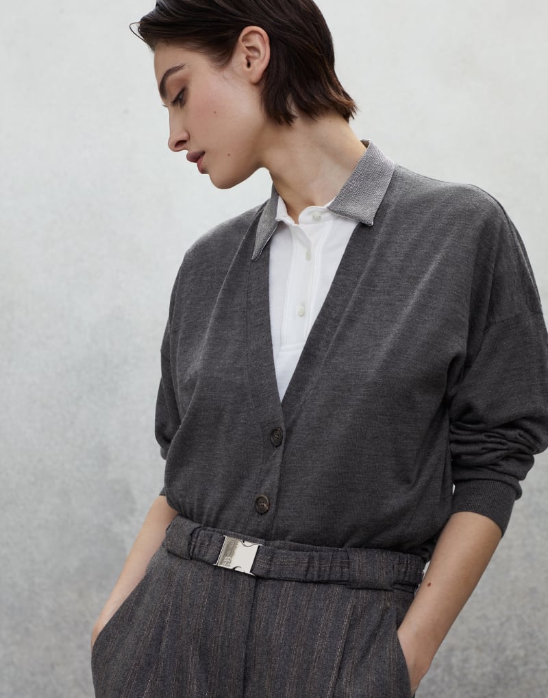 BRUNELLO CUCINELLI WOMEN'S LEAD WOOL SILK V NECK BUTTON SWEATER