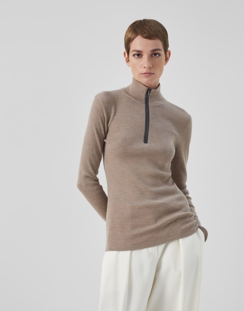 BRUNELLO CUCINELLI WOMEN'S BROWN WOOL BLEND ZIP MOCK NECK SWEATER