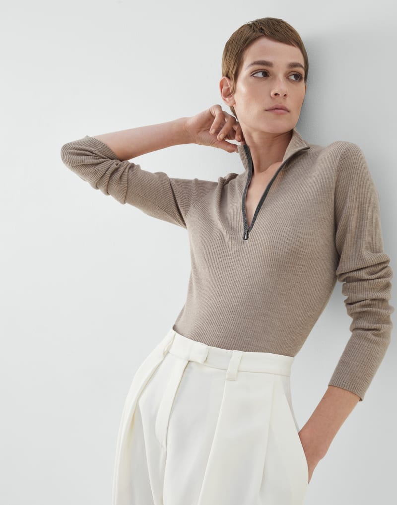 BRUNELLO CUCINELLI WOMEN'S BROWN WOOL BLEND ZIP MOCK NECK SWEATER