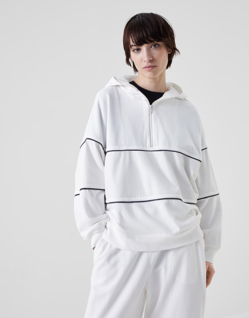 BRUNELLO CUCINELLI WOMEN'S OFF WHITE COTTON HALF ZIP HOODED SWEATER